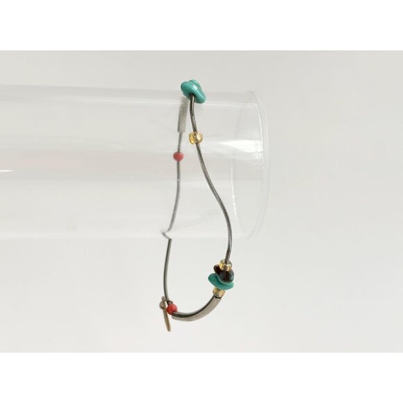 Silver Tone Flexible Genuine Sea Shell & Faux Turquoise Vintage Bracelet - 8" - Picture 1 of 8